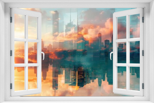 A city skyline blends with a tranquil sunset in double exposure.