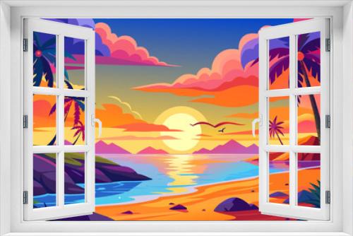 Fototapeta Naklejka Na Ścianę Okno 3D - Tropical summer sunset, vector cartoon island landscape