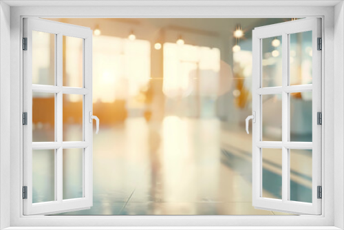 Beautiful blurred background of a light modern office interior with panoramic windows and beautiful lighting.