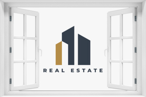 Modern Real Estate logo design. Skyscraper Building Logotype with negative space style usable for Architecture, apartment, house, home, construction Design Template Element.