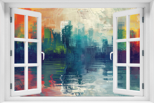 Abstract Cityscape Reflection Painting with Vibrant Brush Strokes