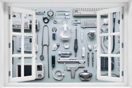 A collection of various electronic devices, including smartphones, laptops, tablets, and headphones, neatly arranged on a table, Collage of various medical equipment, AI Generated