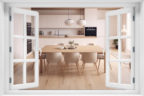 An eat-in kitchen interior design in modern scandinavian style with big wooden table and chairs against light wood floor, bright white walls and furnitures with TV, appliances and hanging light bulbs