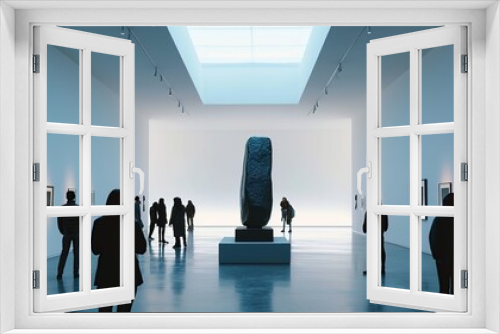 The image captures visitors admiring a monolithic sculpture in a gallery with ambient lighting. It's perfect for cultural themes and design backgrounds, with ample room for adding text.