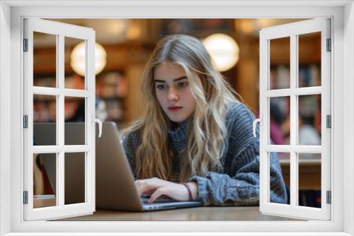 Student Working on Laptop in Library. Concentrated young woman using her laptop for academic research in the university library, a symbol of dedicated learning.