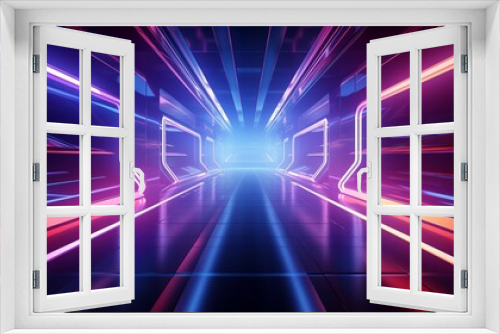 Endless flight in a futuristic metal corridor with square neon light background