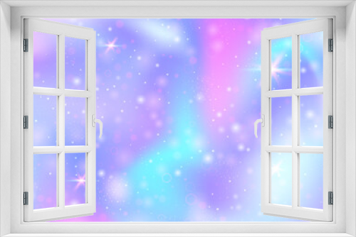 Fairy background with rainbow mesh.  Girlish universe banner in princess colors. Fantasy gradient backdrop with hologram. Holographic fairy background with magic sparkles, stars and blurs.