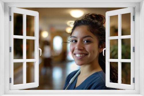 Young hispanic nurse in scrubs at a nursing home