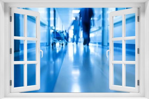 Blurry background of a hospital corridor Capturing the hustle and bustle of medical professionals and patients Suitable for healthcare and medical themes.