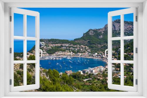 Fototapeta Naklejka Na Ścianę Okno 3D - Beautiful view of the Port de Soller coastline. Harbor with many yachts and ships. Mallorca island, Spain, Mediterranean Sea. Balearic Islands