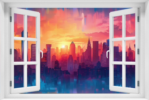 Illustration. panorama of big city. wide banner. Space for text. Mixed style painting. For poster, business card, invitation, flyer, banner, email, header, social media post. Generative Ai content