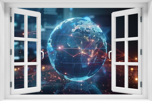 Illustration of a digital globe with network lines and data points symbolizing global connectivity and information exchange over a circuit board.