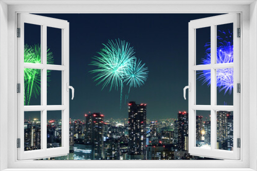 Fototapeta Naklejka Na Ścianę Okno 3D - Fireworks celebrating over Tokyo cityscape at night