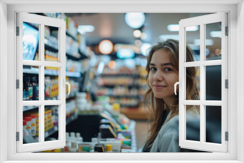 Pharmacy Drugstore: Beautiful Young Woman Buying Medicine, Drugs, Vitamins Stands next to Checkout Counter. Female Cashier in White Coat Serves Customer. Shelves with Health Care Products