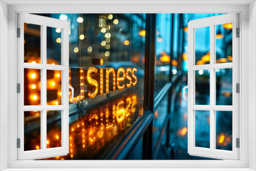 Modern business concept with Business text illuminated on a glass window against a blurred background of an upscale corporate office interior