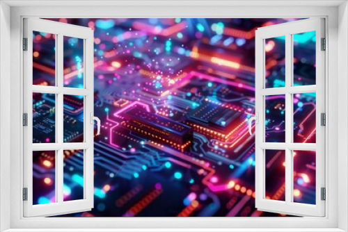 Macro View of a Futuristic Computer Electronics Board in a Digital Background, Ideal for AI Research, High-Tech Product Launches, and Innovation Conferences