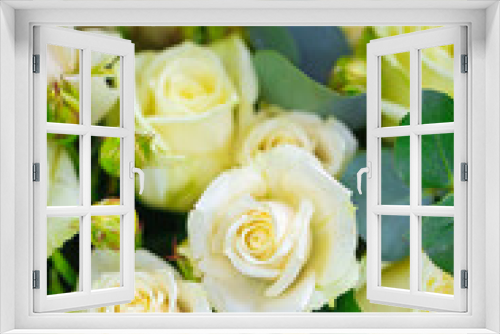 Fototapeta Naklejka Na Ścianę Okno 3D - Bouquet of White Roses With Green Leaves