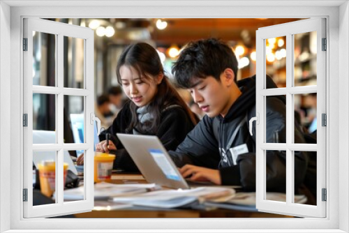 Focused students collaborate over laptops in a lively café, their academic determination mirrored in their serious expressions. Pair of scholars deeply engrossed in their study session