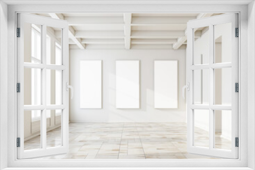 An empty gallery interior with white walls and blank frames ready for art or posters display. Ai generative illustration