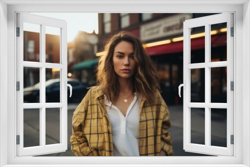 Beautiful young brunette woman in a yellow checkered jacket on a city street.