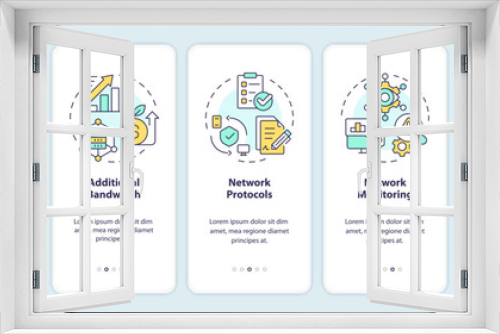 Practices for managing networks onboarding mobile app screen. Walkthrough 5 steps editable graphic instructions with linear concepts. UI, UX, GUI template. Myriad Pro-Bold, Regular fonts used