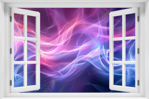 Abstract background featuring swirling lines of light in vibrant pink and blue hues on a dark backdrop, creating a dynamic and flowing visual effect