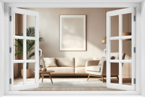 Living room interior with white sofa, coffee table and plants. Mock up poster.