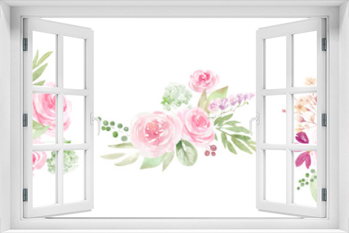 Fototapeta Naklejka Na Ścianę Okno 3D - Wreaths, bouquets and frames of watercolor spring roses flowers for invitations, cards, holiday background, pink summer roses, scrapbooking. Watercolor design, Delicate pink flowers, green foliage