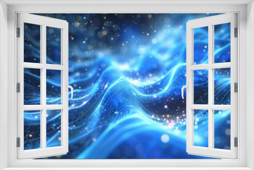 A blue and white abstract background with waves of light, AI
