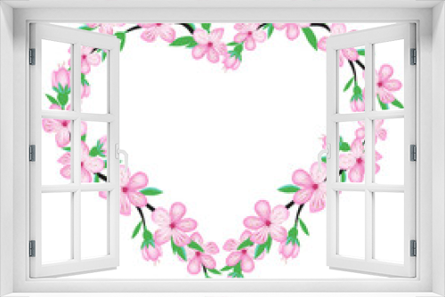 Fototapeta Naklejka Na Ścianę Okno 3D - Sakura pink cherry blossom flower branch hearts wreath, isolate on white background for wedding card, invite, fabric design, scrapbook, origami. Vector japan style spring background.