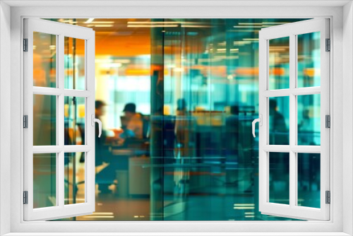 Blurred view of office with employees working through glass wall.