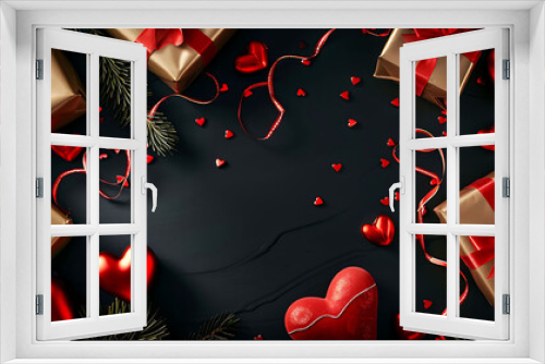Hearts and presents on black background