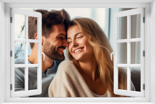 Young happy couple sitting in the living room, closeup