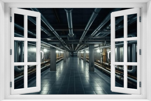 Empty underground tunnel with drainage system and metal pipes for transporting water and gas with long ceiling electrical cables.