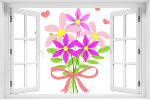 Fototapeta Naklejka Na Ścianę Okno 3D - Beautiful spring flowers bouquet with bow, floral branches and green leaves. Multicolored blooming botanical element for designs. Flat vector illustration isolated