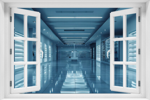 Empty Retail Store: An empty retail store space with shelves and display areas, suitable for visualizing product placement.