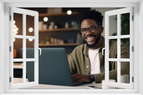 A Man in Glasses is Working on His Laptop and Smiling, Fictional Character Created By Generated AI.