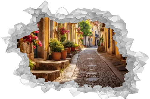 Charming countryside village with colorful flowers, cottages, and cobblestone streets