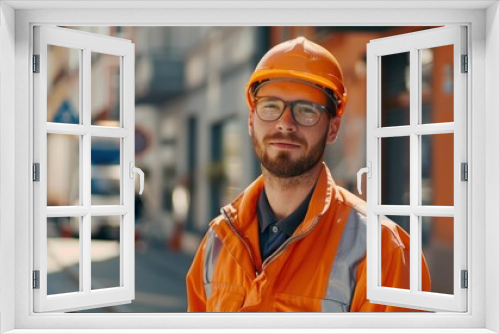 Half body photo of handsome male worker in professional clean brand new workwear working on the road, bright daylight