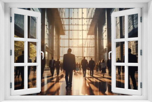 Business people walking in front of corporate building