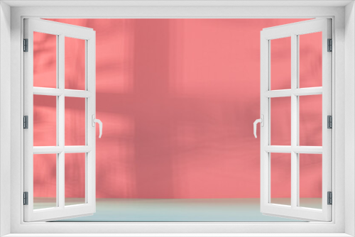 Fototapeta Naklejka Na Ścianę Okno 3D - Fond avec un espace vide pour création d'arrière plan de couleurs rose et blanc avec un jeu d'ombre d'une fenêtre et de branches.	