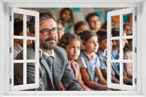 Mature Teacher with Glasses in Classroom Environment, Smiling Positively Surrounded by Diverse Group of Students