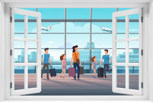 Airport terminal with passengers, flat 2d illustration. Cartoon people with suitcases waiting for flight. Travel and Vacation Concept with Copy Space.