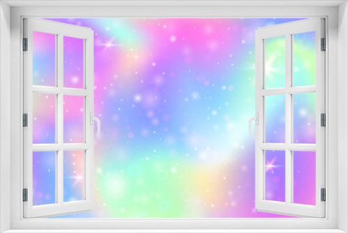 Fototapeta Naklejka Na Ścianę Okno 3D - Hologram background with rainbow mesh. Girlish universe banner in princess colors. Fantasy gradient backdrop. Hologram magic background with fairy sparkles, stars and blurs.