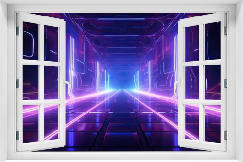 Glowing purple and blue neon lights illuminate a futuristic tunnel.