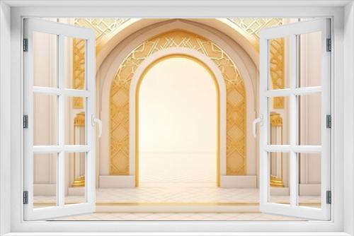 Ramadan kareem or eid al fitr, background with golden arch, with golden arabic pattern, background for holy month of muslim community Ramadan Kareem Generative AI