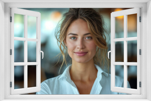 Portrait of a confident young woman with green eyes and wavy hair in a white shirt, indoor with blurred office background, leader