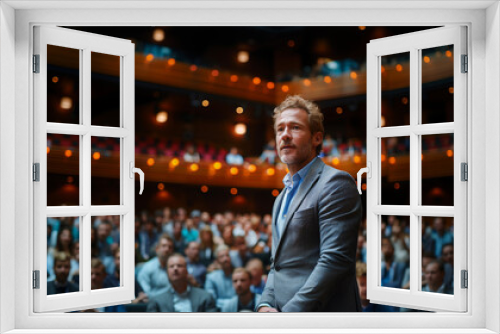 Businessman motivational speaker standing on stage in front of an audience for a speech at conference or business event.