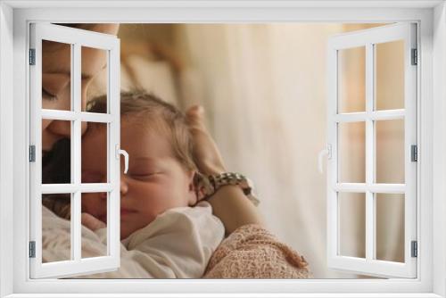 Mother cradling her newborn baby in her arms, with both of them wrapped in a soft blanket, background image, generative AI