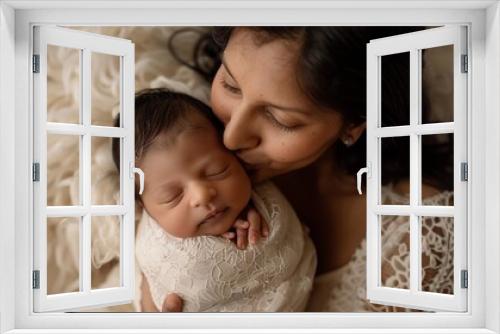 Mother gently kissing her newborn baby's forehead or cheek, with a smile on her face and eyes filled with adoration, background image, generative AI